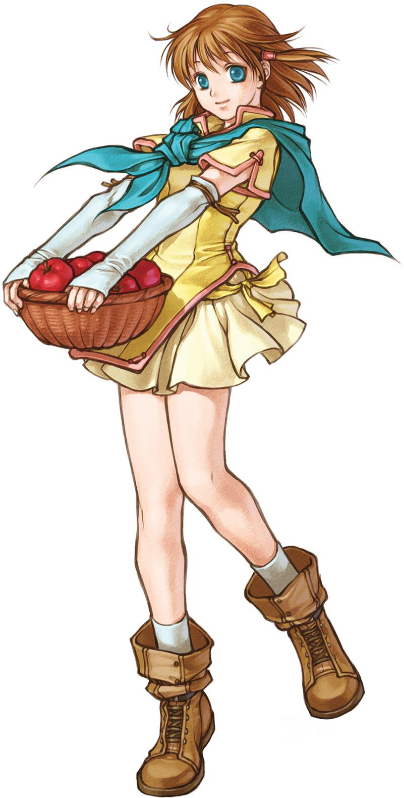 1girl, apple, basket, blue_eyes, boots, brown_boots, brown_footwear, brown_hair