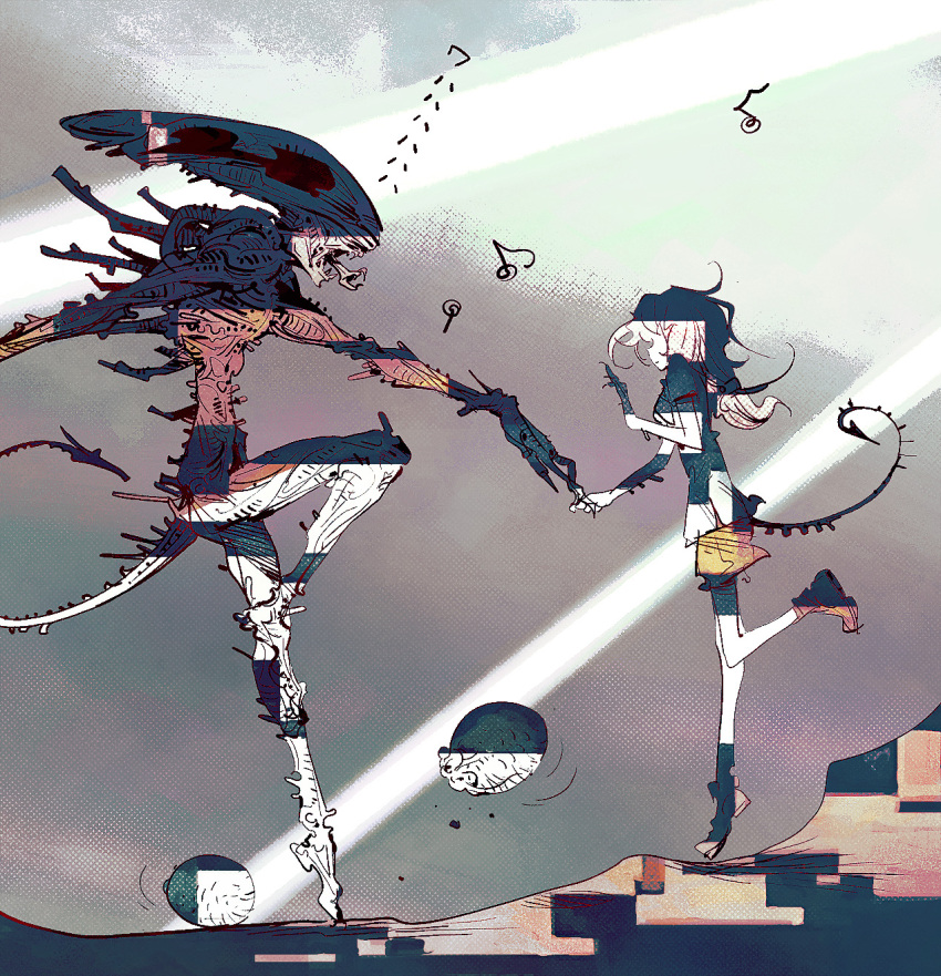 1girl, alien, alien_(movie), colored, dabosu, dancing, distortion, extra_mouth