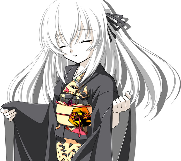 00s, closed_eyes, happy, japanese_clothes, kasalelia, kimono, long_hair, pale_skin, rozen_maiden, smile, suigintou, white_hair