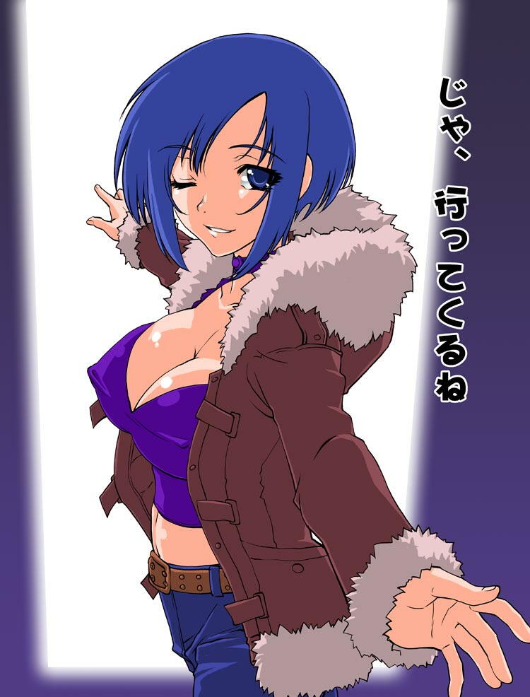 1girl, blue_eyes, blue_hair, breasts, cleavage, coat, kashiwagi_haruko, large_breasts