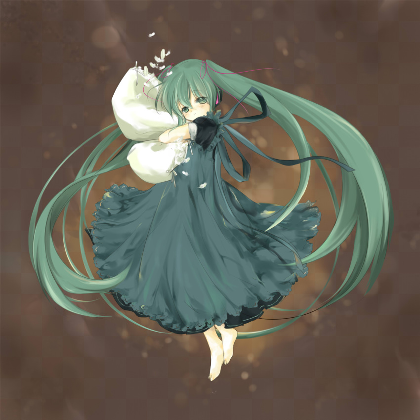 1girl, barefoot, bear_(artist), dress, feathers, hatsune_miku, highres, long_hair