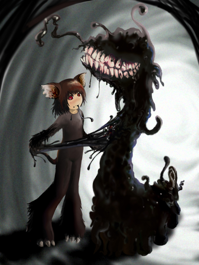 1girl, animal_ears, brown_hair, cat_ears, cthulhu_mythos, eating, formless_spawn, monster