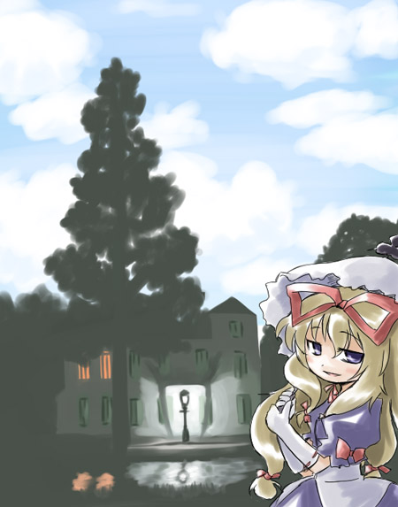 1girl, blonde_hair, building, dress, female, frills, hat, hat_ribbon