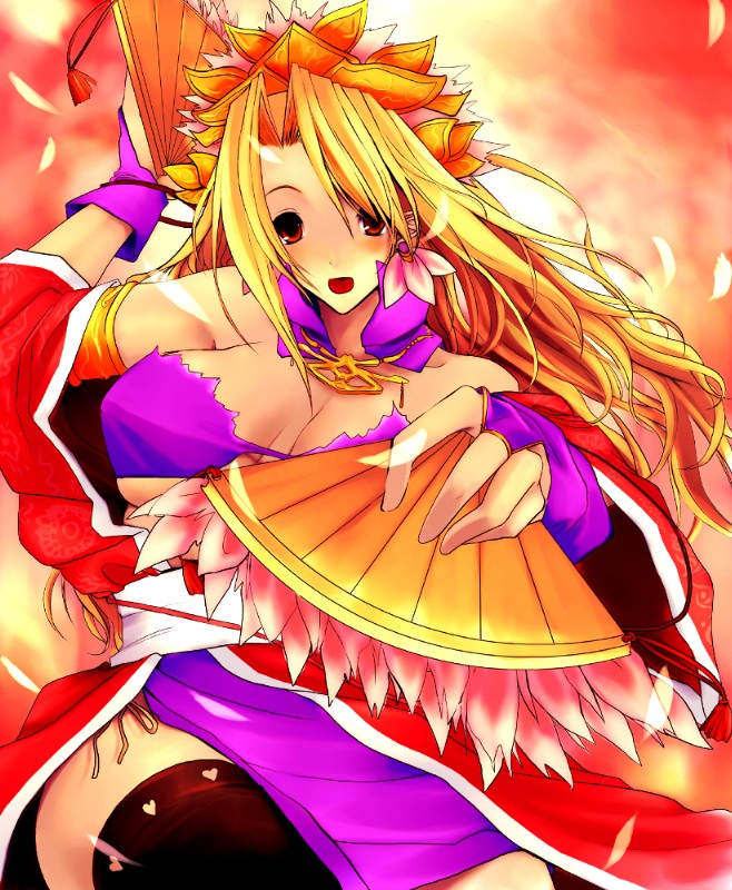 1girl, akahoshi_kenji, blonde_hair, breasts, cleavage, dual_wielding, fan, fantasy