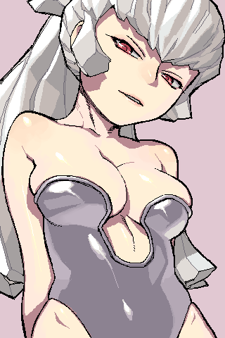 1girl, breasts, cleavage, hijiri_rei, ji_(artist), long_hair, lowres, oekaki, oyuki_(urusei_yatsura), red_eyes, silver_hair, solo, urusei_yatsura