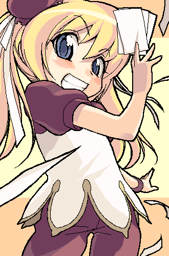 1girl, anita_king, anita_king_(cosplay), blonde_hair, blue_eyes, child, cosplay, grin