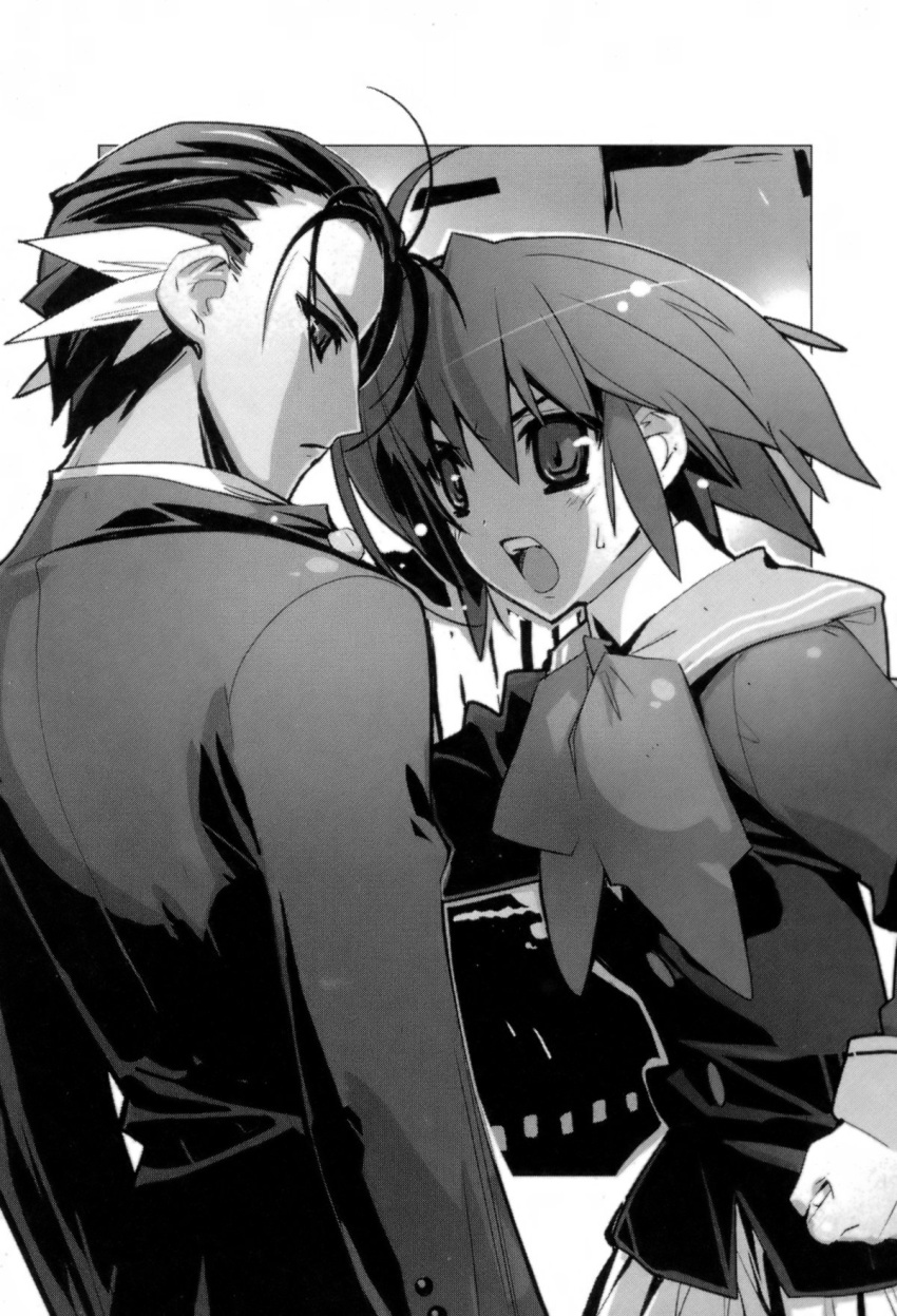 1boy, 1girl, highres, kazami_chisato, monochrome, multicolored_hair, owari_no_chronicle, ribbon