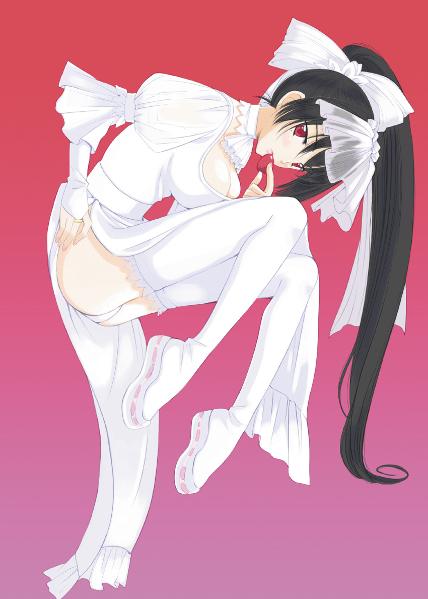 1girl, black_hair, breasts, cleavage, dress, fetal_position, food, fruit, highres, kazuto_izumi, legs, medium_breasts, original, panties, pantyshot, ponytail, red_eyes, solo, stawberry, strawberry, thigh-highs, underwear, white_legwear