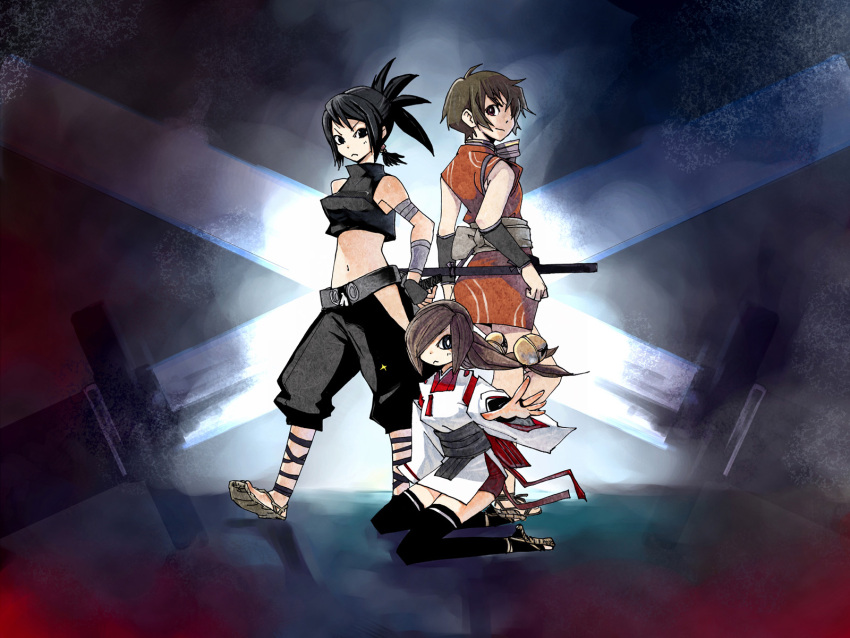 3girls, acquire, ankle_lace-up, ayame, ayame_(tenchu), back-to-back, bare_shoulders, black_legwear