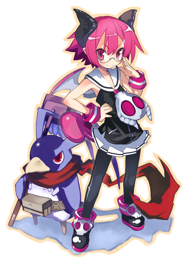 1girl, adjusting_glasses, bat_wings, black_legwear, chouniku, demon_girl, disgaea, glasses