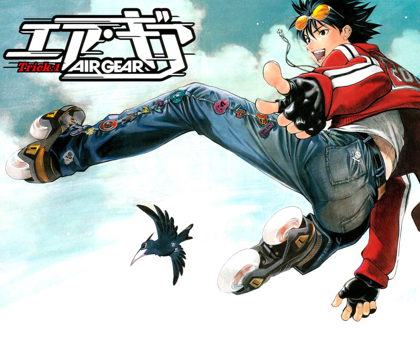 1boy, air_gear, air_trecks, back, bird, black_eyes, black_hair, clouds