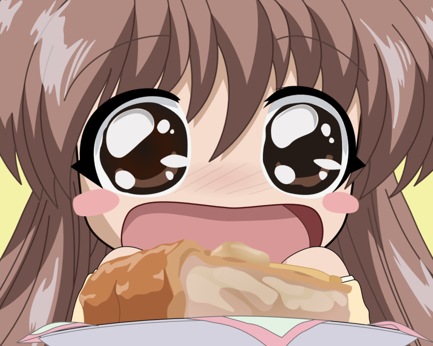 00s, blush_stickers, chibi, close-up, final_approach, food, happy, masuda_shizuka, no_nose, open_mouth, pie, true_love, vector_trace, wallpaper