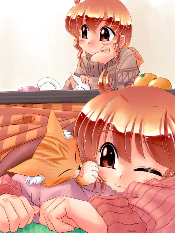 2girls, cat, kotatsu, kotetsu, multiple_girls, original, siblings, sisters