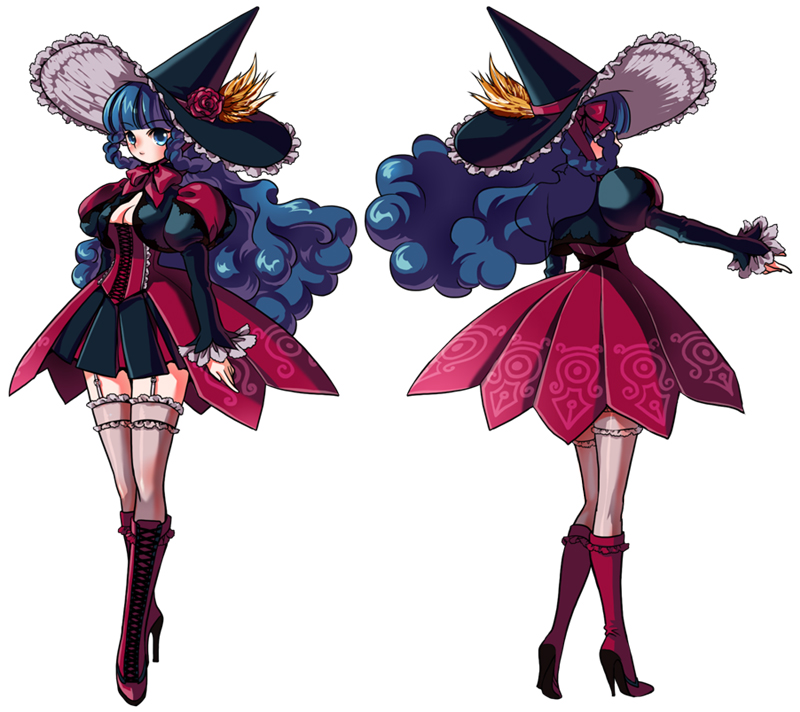 blue_eyes, blue_hair, boots, breasts, corset, flower, hat, high_heel_boots
