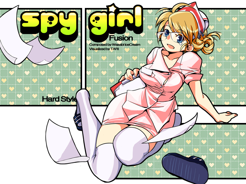 1girl, ahoge, bangs, blonde_hair, blue_eyes, breasts, checkered, clipboard