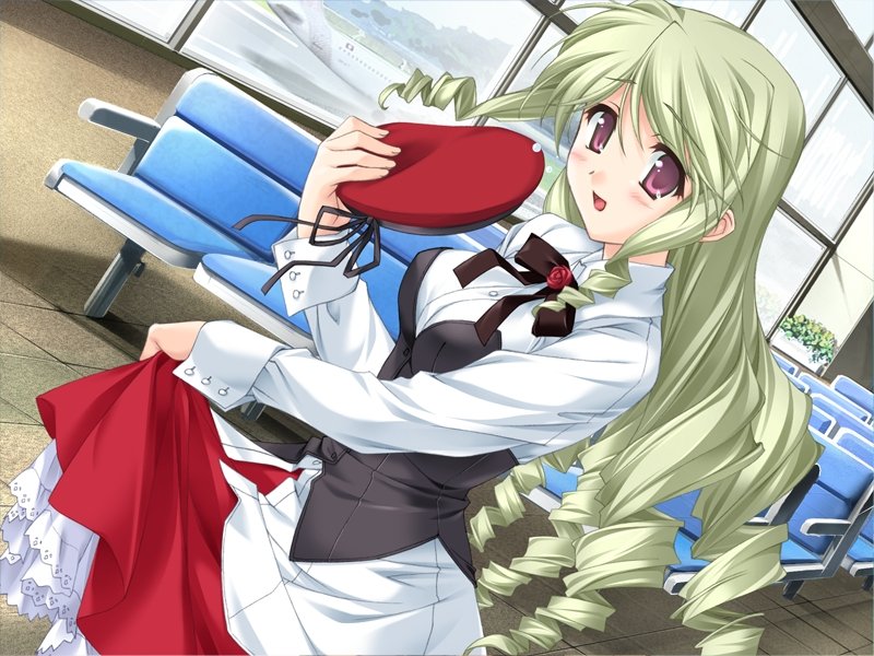 1girl, airplane, airport, akino_takehiko, amelia_weeksite, beret, bow, game_cg