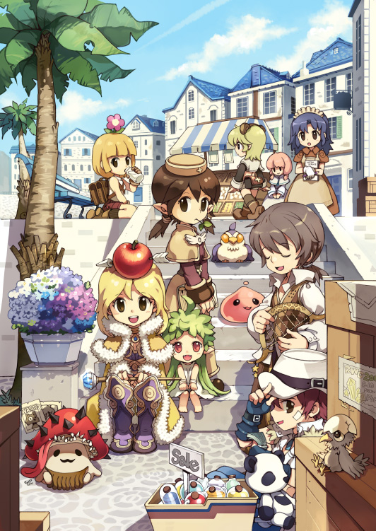 2boys, 6+girls, acolyte, animal_ears, bard, blonde_hair, blue_hair, boots, brown_hair, clouds, clown, creator, filir, flower, food_as_clothes, green_hair, hat, homunculus, hunter, hunter_(ragnarok_online), kafra, lif, lif_(ragnarok_online), long_hair, market, multiple_boys, multiple_girls, mushroom, novice, pink_hair, plant_girl, pointy_ears, poring, ragnarok_online, red_eyes, sky, tiv, town, tree, twintails, whitesmith, wizard, wizard_(ragnarok_online)