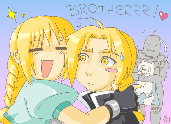 1boy, 1girl, =_=, alphonse_elric, armor, blonde_hair, blush_stickers, crossover