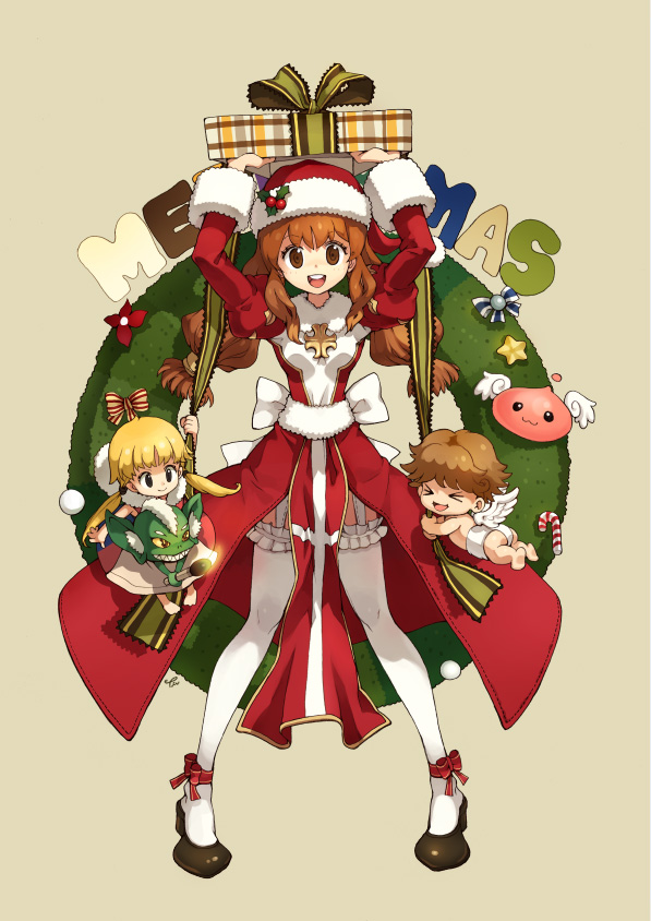 >_<, 1boy, 2girls, :d, angel_wings, blonde_hair, brown_hair, christmas