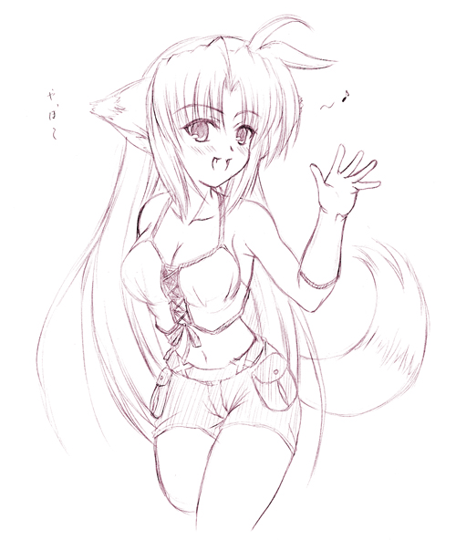 00s, 1girl, animal_ears, arf, breasts, cleavage, johnny_(from_scratch), lyrical_nanoha