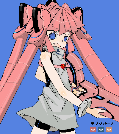 argonauts_gemini, blue_eyes, enchi, gun, love_group, lowres, pink_hair, weapon