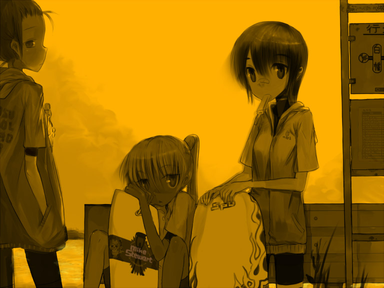 3girls, argonauts_gemini, bandaid, bandaid_on_nose, bangs, boogie_board, breasts, closed_mouth