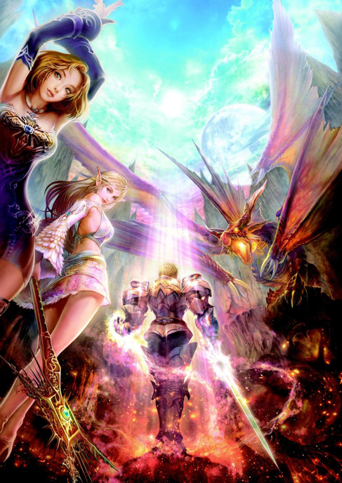 1boy, 2girls, dragon, elf, elf_(lineage_2), human_(lineage_2), juno_jeong, lineage, lineage_2, multiple_girls, pointy_ears, skirt, sword, weapon