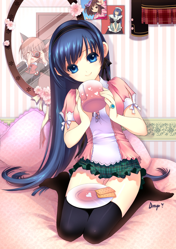 animal_ears, bed, bedroom, blue_eyes, blue_hair, camera, cat_ears, cracker