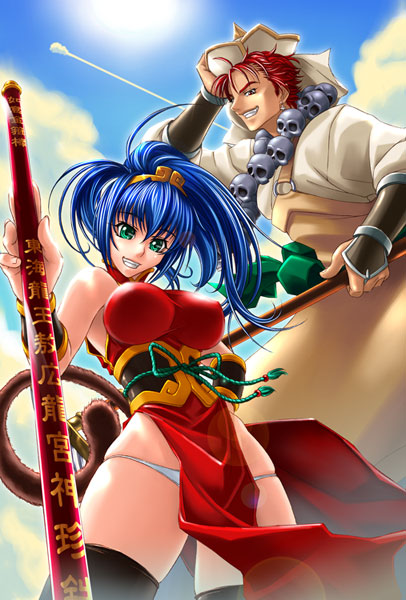 1boy, 1girl, aki_(emina&amp;aki), black_legwear, blue_hair, breasts, bridal_gauntlets, cleavage