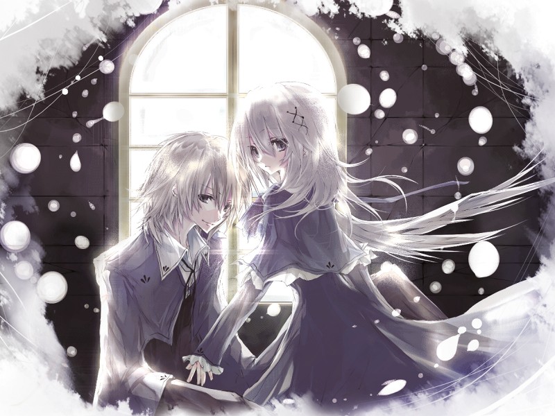 1boy, 1girl, grey_eyes, laruha, original, snow, snowing, white_hair