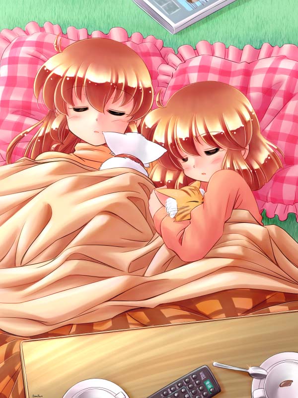 2girls, cat, frilled_pillow, frills, kotatsu, kotetsu, multiple_girls, original