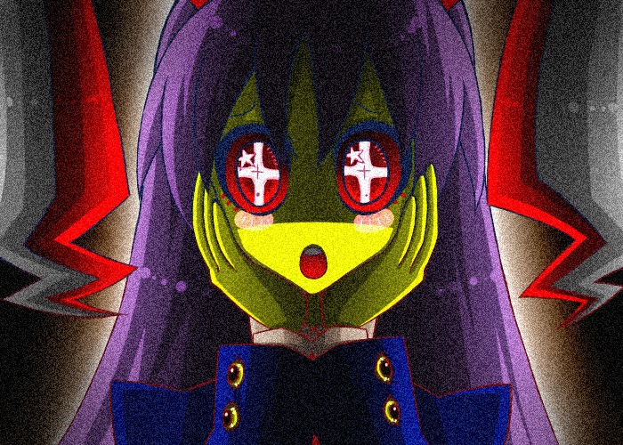 bad_id, jpeg_artifacts, ninomae, purple_hair, red_eyes, reisen_udongein_inaba, solo, starry_eyes