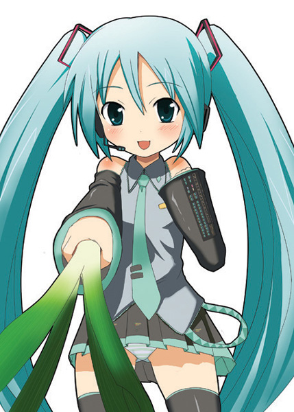 1girl, aqua_hair, hatsune_miku, long_hair, okayu, okayu256, solo, spring_onion, thigh-highs, twintails, very_long_hair, vocaloid