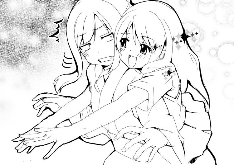 bamboo_blade, date_(senpen), hug, hug_from_behind, kuwahara_sayako, miyazaki_miyako, monochrome, odajima_reimi