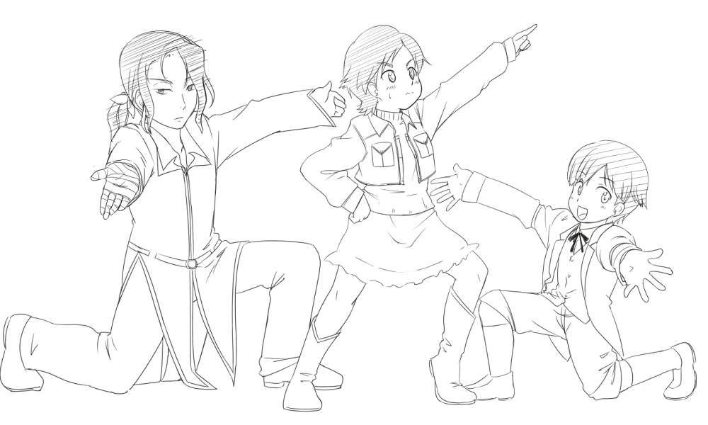 1girl, 2boys, blood+, haji, hare_hare_yukai, miyagusuku_riku, monochrome, multiple_boys