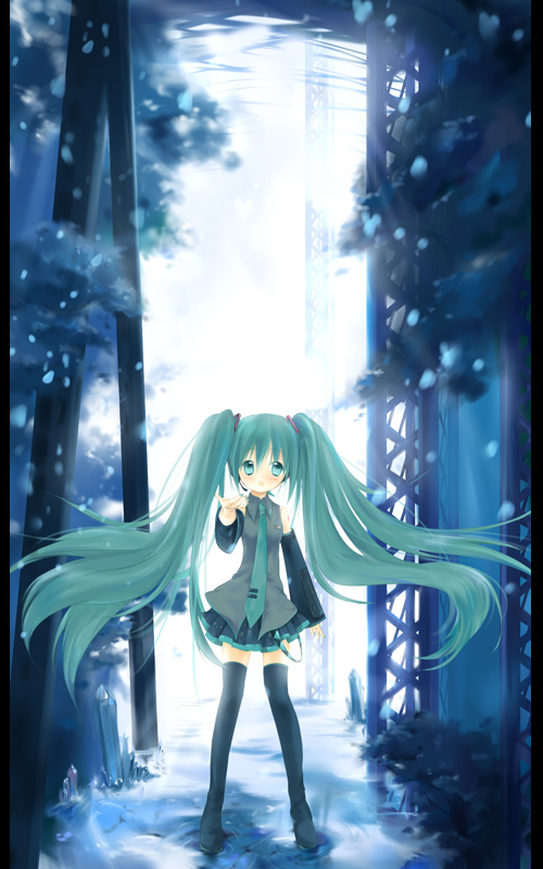 bear_(artist), blue_eyes, blue_hair, forest, hatsune_miku, long_hair, nature, thigh-highs