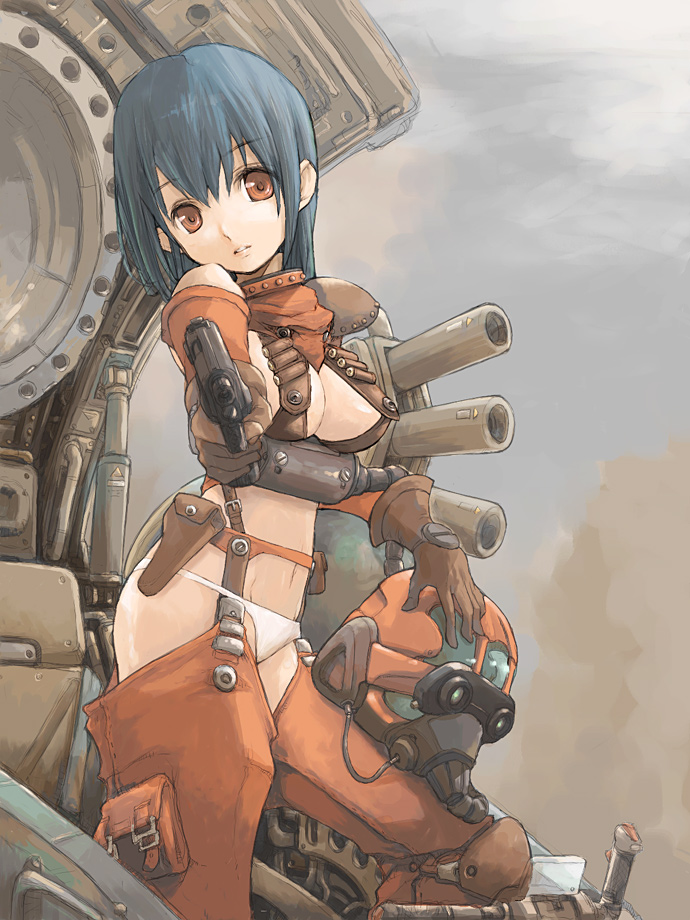 1girl, 80s, armor, blue_hair, gun, handgun, helmet, kuan_yu, mecha, midriff, oldschool, panties, pistol, pota, pota_(nabrinko), red_eyes, scopedog, solo, soukou_kihei_votoms, underwear, weapon, white_panties