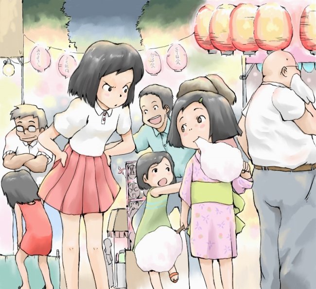 3boys, 5girls, cotton_candy, festival, food_cart, lantern, multiple_boys, multiple_girls