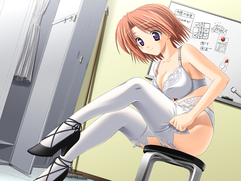 1girl, bra, brown_hair, game_cg, high_heels, hoshino_kasumi, lingerie, panties