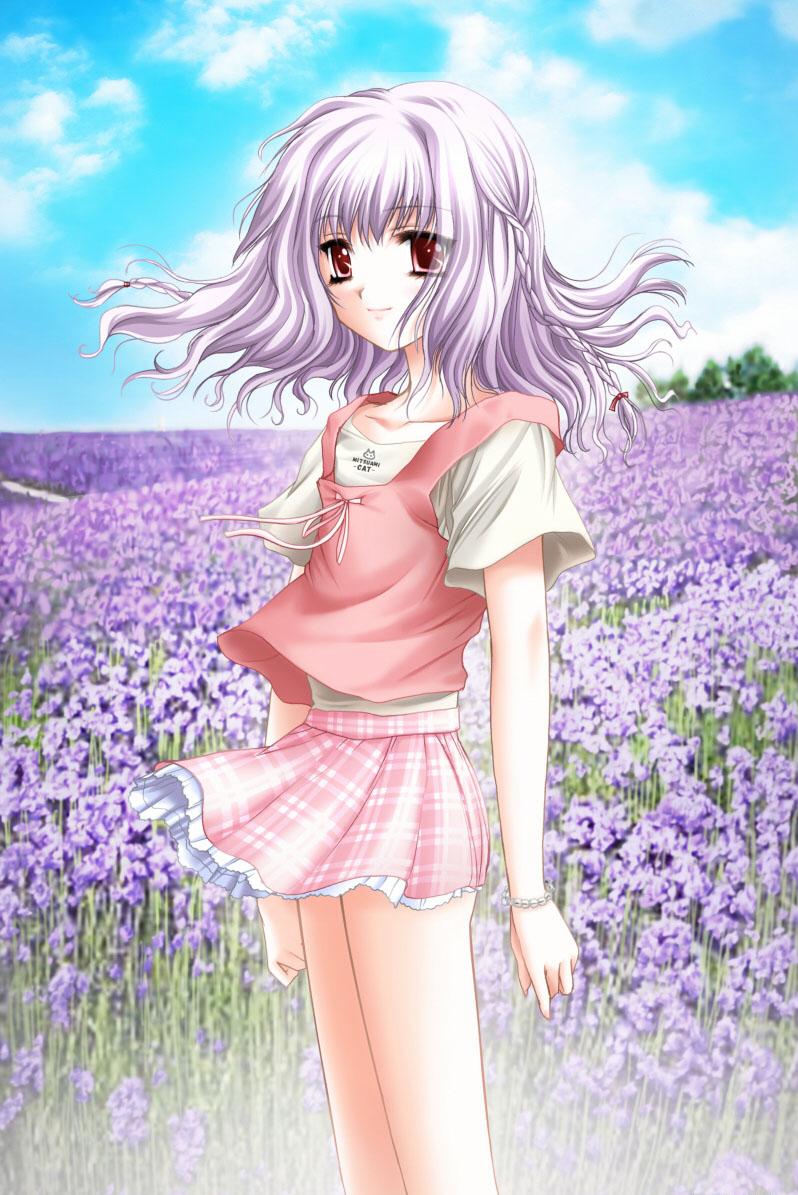 1girl, bracelet, braid, cowboy_shot, field, flower, flower_field, game_cg