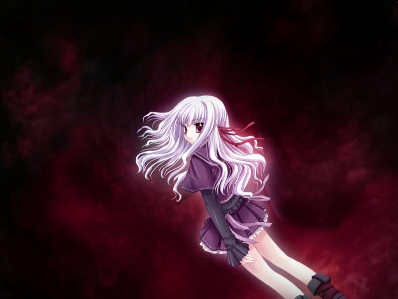 1girl, female, game_cg, gore_screaming_show, gothic, long_hair, purple_hair, red_background