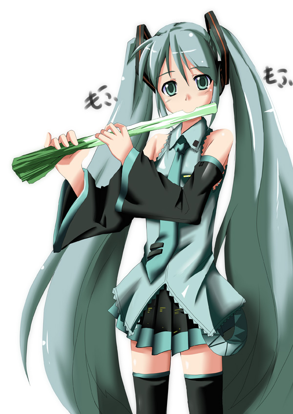 1girl, aqua_hair, hatsune_miku, long_hair, nodoka_(artist), solo, spring_onion, thigh-highs, twintails, very_long_hair, vocaloid