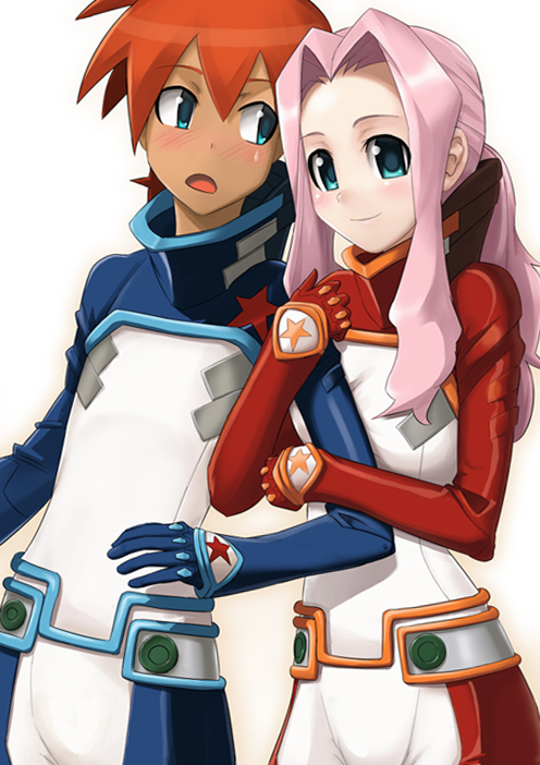 1boy, 1girl, arm_hug, armcling, blue_eyes, blush, breast_press, breasts