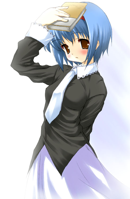 1girl, blue_hair, book, little_busters!!, necktie, nishikiori_jin, nishikiori_kami, nishizono_mio, short_hair, solo