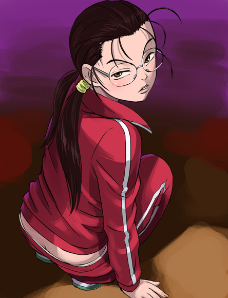 00s, 1girl, abstract_background, arm_support, blush, brown_eyes, brown_hair, butt_crack, glasses, gokusen, haruyama_kazunori, jacket, kazuha, looking_back, morimoto_kozueko, solo, squatting, track_suit, twintails, yamaguchi_kumiko