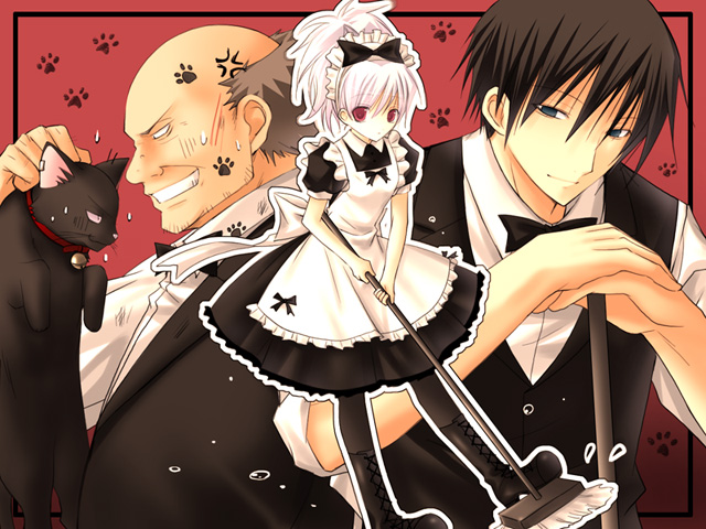 1girl, 2boys, black_cat, broom, cat, darker_than_black, hei, huang