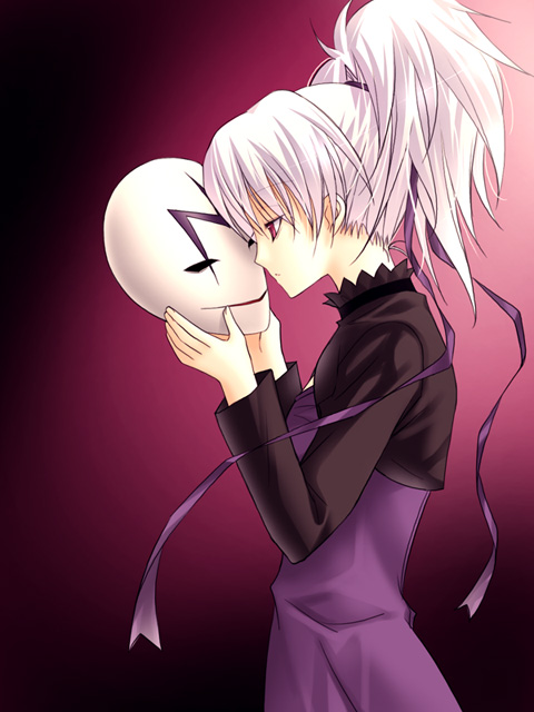 1girl, darker_than_black, dress, from_side, gradient, gradient_background, holding, kiss