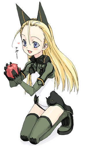 1girl, :d, ahoge, animal_ears, apple, blonde_hair, blue_eyes, blush