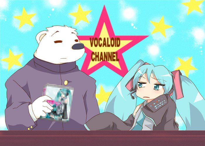 1girl, aqua_hair, bear, censored, crossover, fake_censor, hatsune_miku, lucky_channel