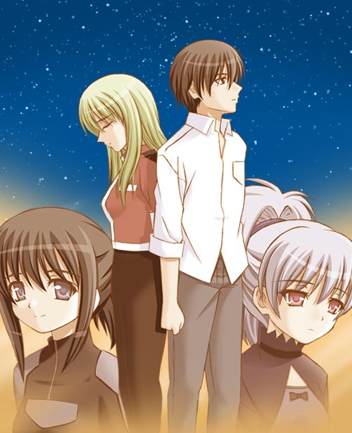 1boy, 3girls, amber, amber_(darker_than_black), bai, black_eyes, black_hair, bodysuit